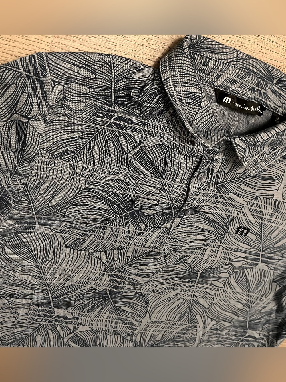 TravisMathew Navy Gray Tropical Leaf-Print Polo Size Medium